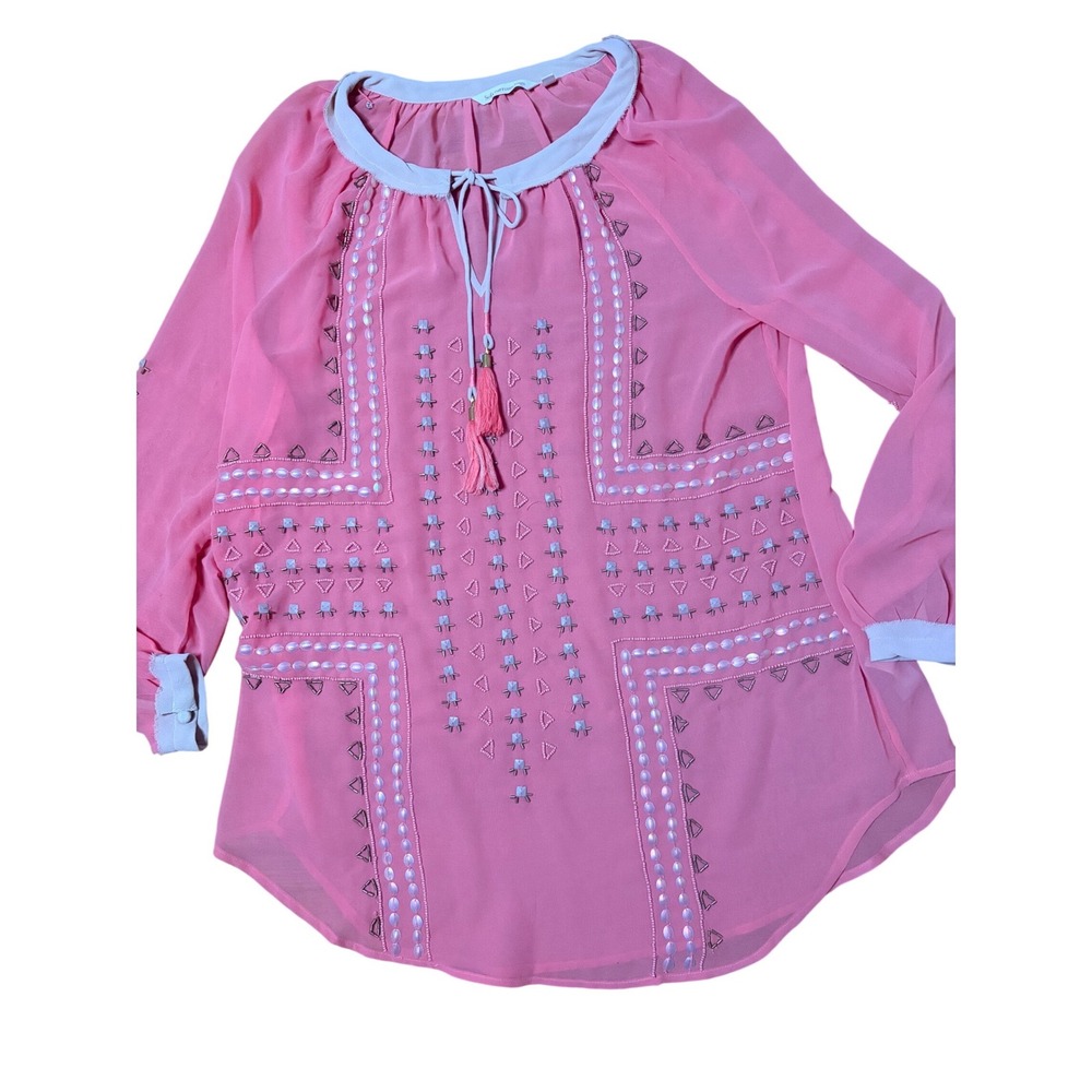 Soft Surroundings Pink Embroidered Tassel‎ Neck Tunic Blouse Women's Size M
